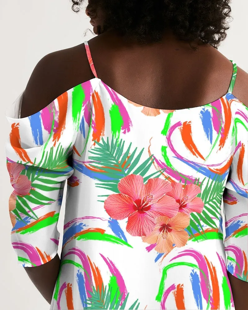 Tropical Hibiscus Cold Shoulder Dress