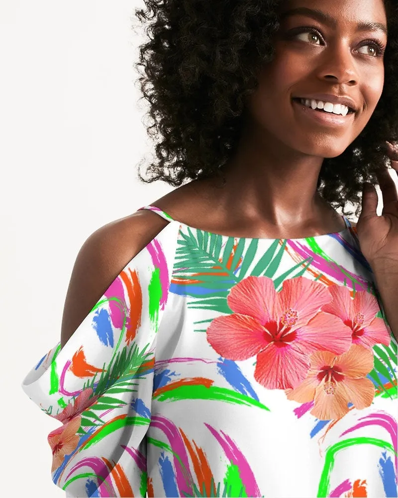 Tropical Hibiscus Cold Shoulder Dress