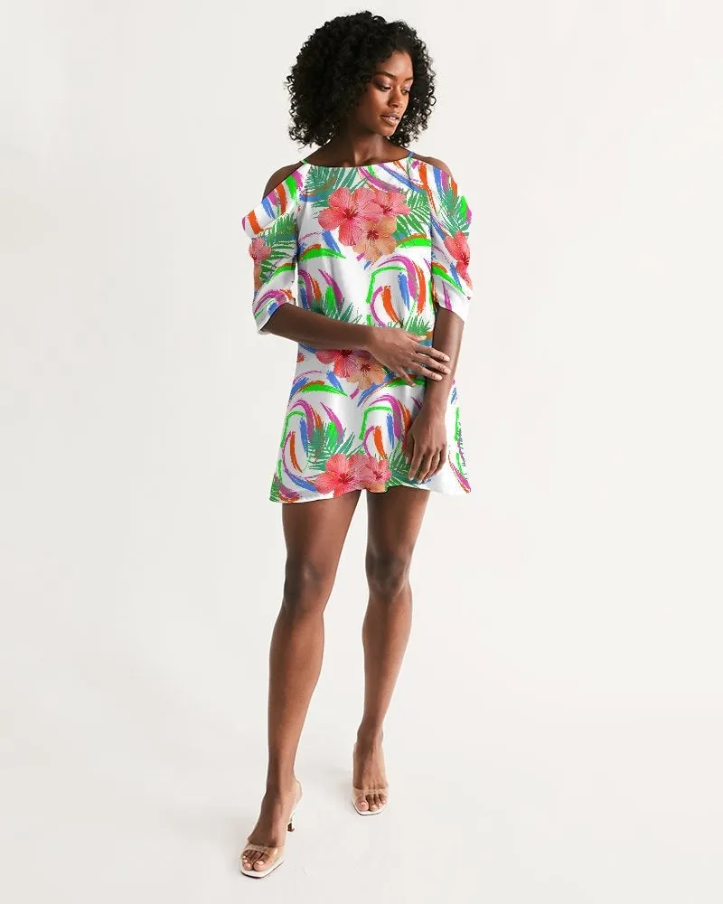 Tropical Hibiscus Cold Shoulder Dress