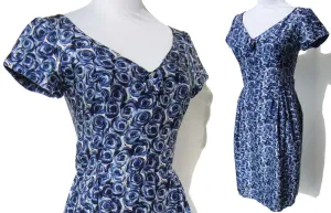 Vintage 60s Silk Dress Blue Rose Floral S XS