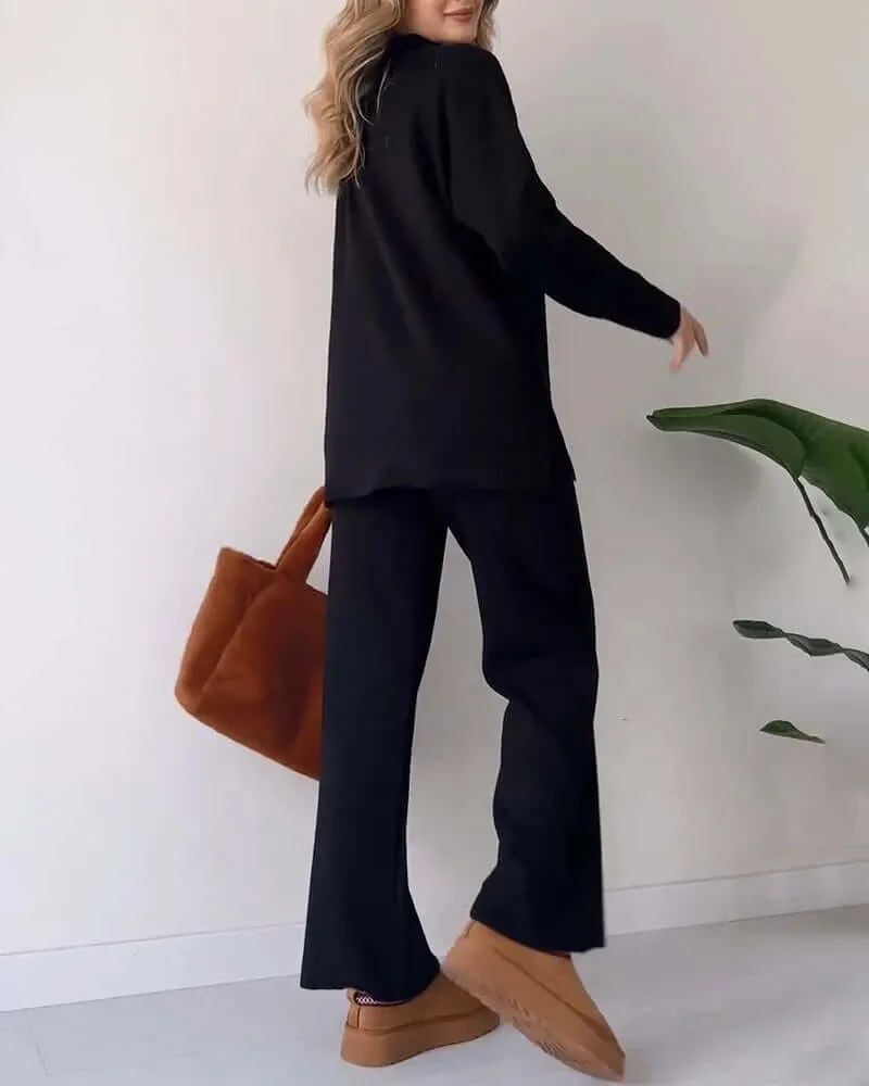 Women's Knit Loungewear Set: V-Neck & Flared Pants