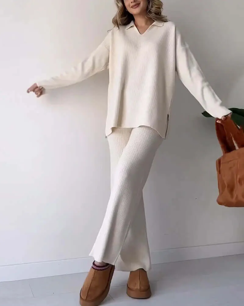 Women's Knit Loungewear Set: V-Neck & Flared Pants