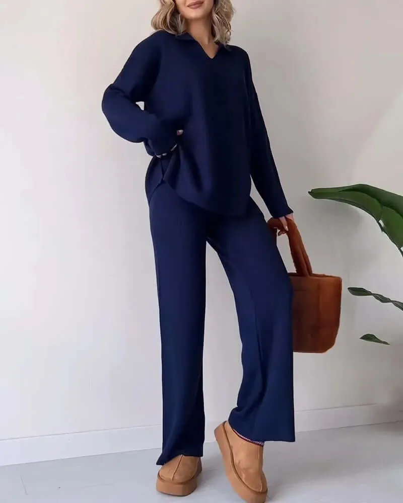 Women's Knit Loungewear Set: V-Neck & Flared Pants